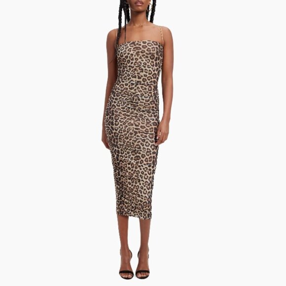 GOOD AMERICAN Tan & Black Leopard Sleeveless Ruched Mesh Midi Dress Sz L NWT - Picture 2 of 16